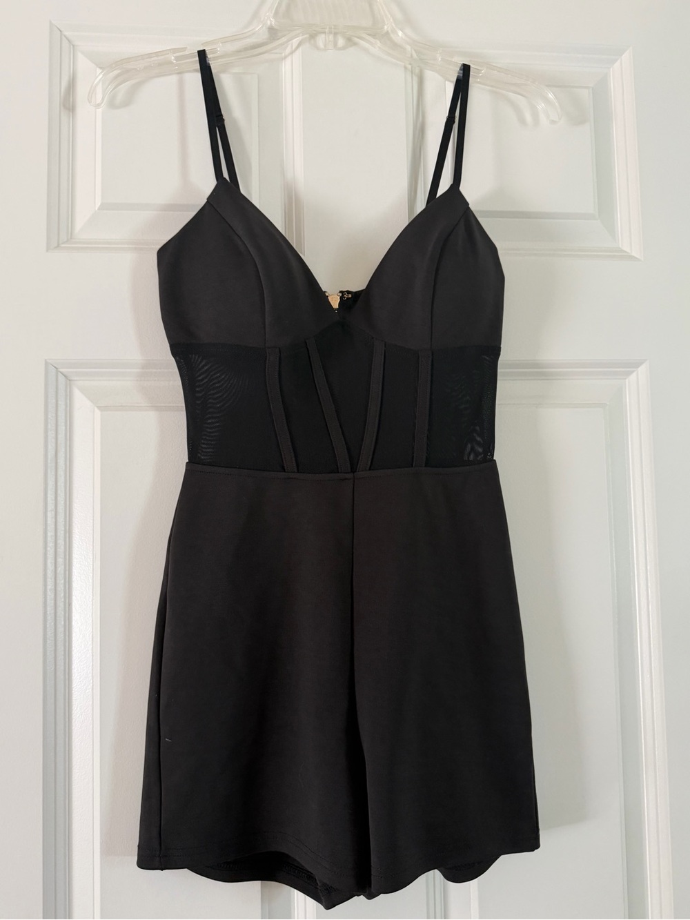 Fashion Nova Black Mesh Corset Romper Gold Zipper XS